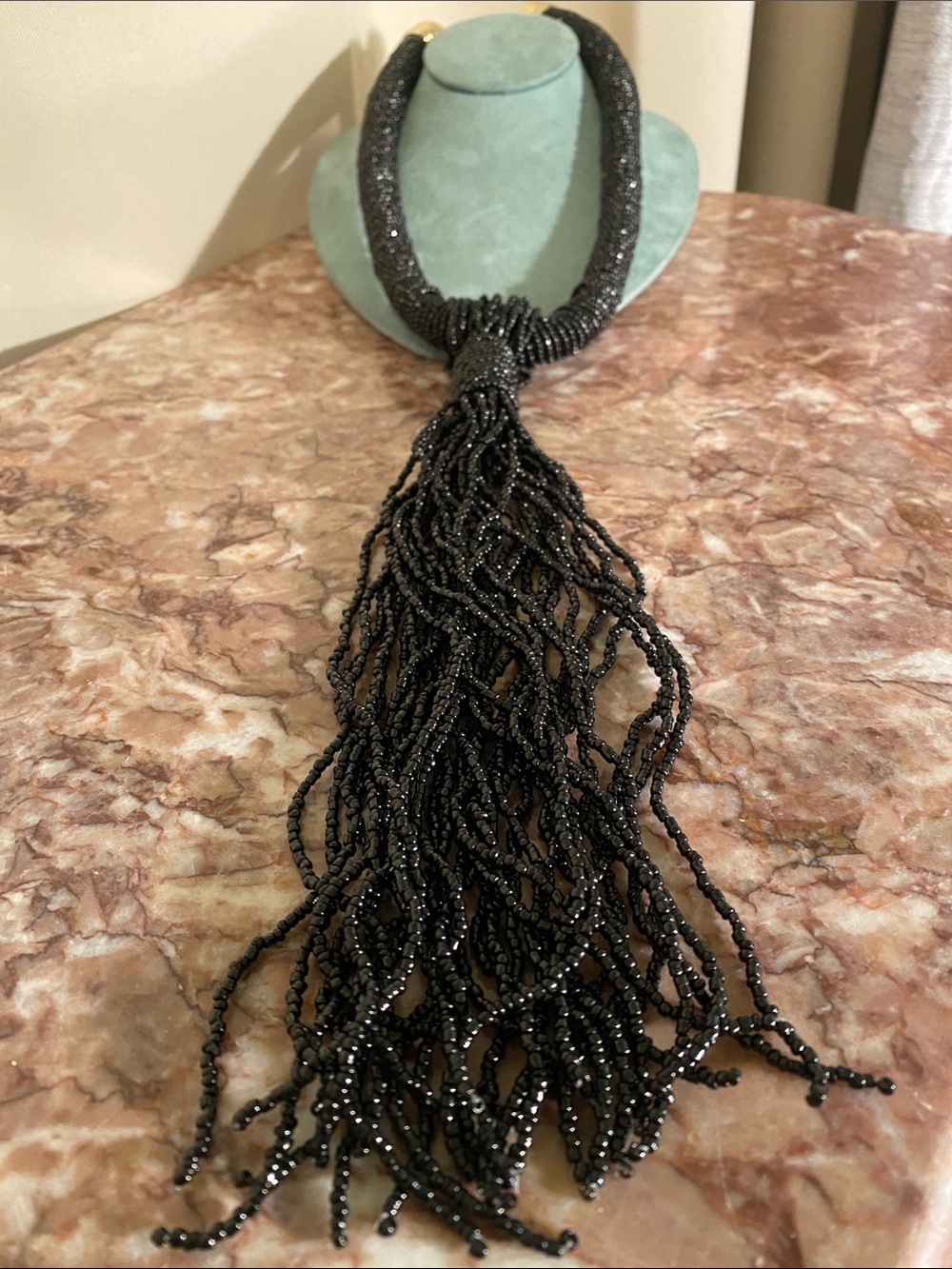 Black Beaded Tassel Statement Necklace Long Fringe Gold Tone